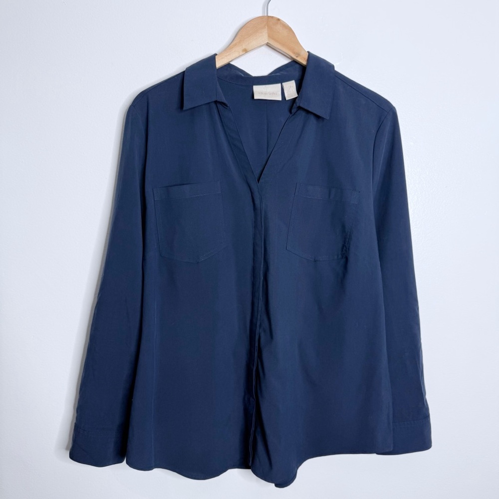 Chico's Silky Soft Relaxed Shirt Pull Tab Sleeves Navy Large Chico's 2 Workwear